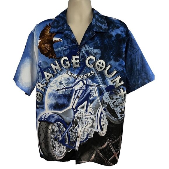 Orange County Choppers Motorcycle Blue All Over Graphic Print Button Shirt XL - Picture 1 of 10